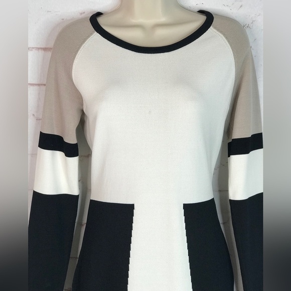 CALVIN KLEIN M Petite Colorblock Knit Long Sleeve Dress Black Taupe Cream MP - Picture 8 of 16
